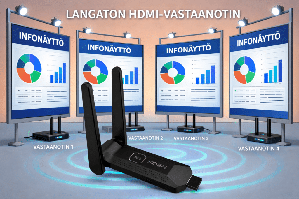 Langaton HDMI-kuvanjako infonäytöille: sama sisältö neljälle näytölle MINIX NEO B14 -järjestelmällä.