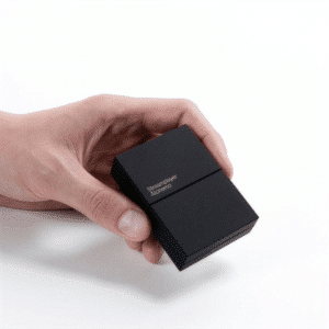 Atonemo Streamplayer kädessä, kompakti koko näkyy mittakaavana.