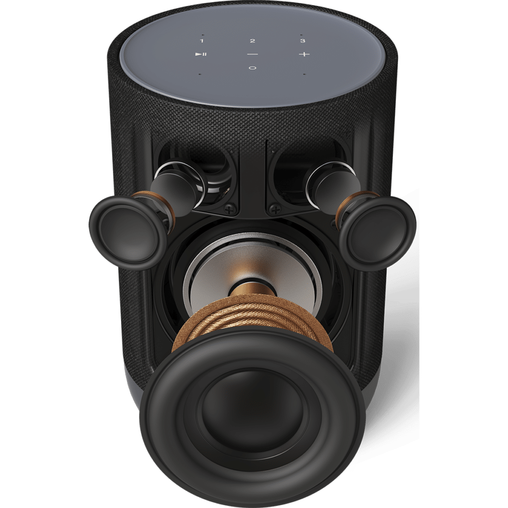 Denon Home 200 -leikkauskuva, jossa näkyy kaiuttimen elementit ja sisäinen rakenne.