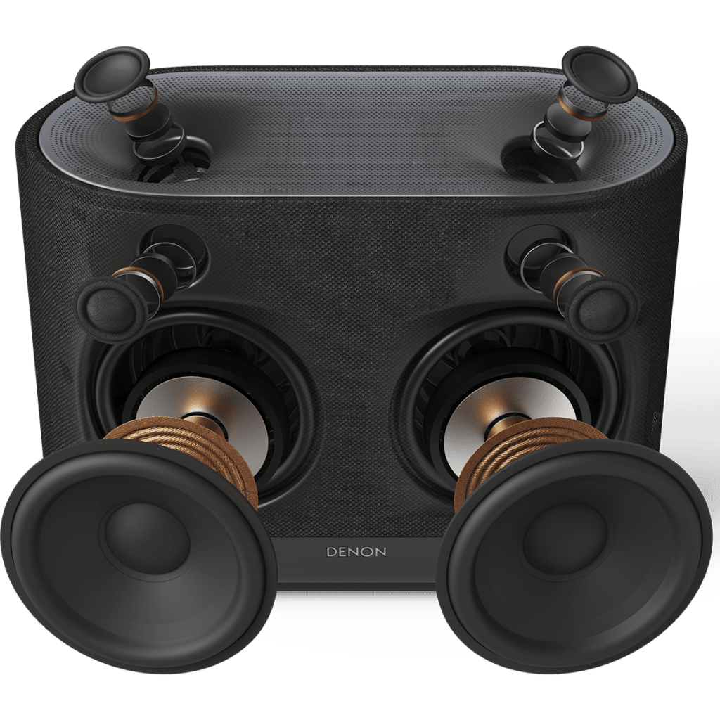 Denon Home 400 -leikkauskuva, jossa näkyy kaiuttimen elementtirakenne ja sisäiset komponentit.