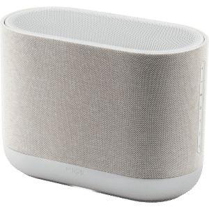 Denon Home 400 Stone -langaton HEOS/Wi-Fi-monihuonekaiutin viistosta kuvattuna (vaalea).