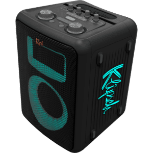 Klipsch Vegas kompakti bilekaiutin etuviistosta, yläpaneelin säätimet ja LED-valoshow näkyvät.