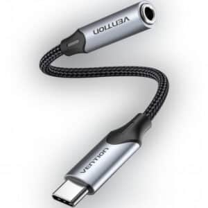 Vention USB-C → 3,5 mm adapteri DAC:lla, punottu kaapeli ja metallinen runko – kuulokkeille ja aux-liitäntöihin.