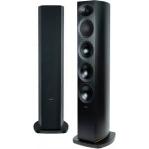 Arcam Radia R35 lattiakaiutinpari Black Walnut viimeistelyllä, toinen kaiutin ilman suojakangasta elementit näkyvissä edestä