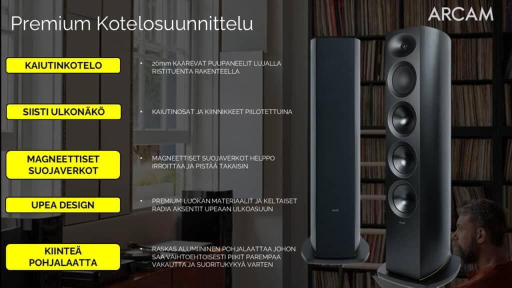 Arcam Radia R45 kaiutinkotelon rakenne ja design ominaisuudet kuten kaarevat paneelit, magneettiset suojaverkot ja alumiininen pohjalaatta
