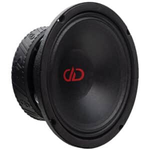 DD Audio VO-M408-S4 8 tuuman PA-midbasso / keskiääni etuviistosta kuvattuna mustalla kartiolla ja punaisella DD-logolla.