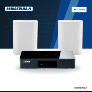 Canton Smart Connect 5.1 ja kaksi valkoista Smart Libero -kaiutinta langattoman surround- ja aktiivikaiutinhybridin bundle-kuvassa.
