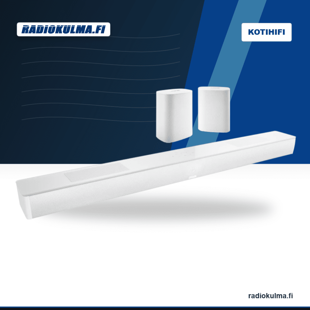 Canton Smart Soundbar 10 Surround Bundle valkoisena, mukana Soundbar 10 ja kaksi Smart Libero -surround-kaiutinta Radiokulma.fi-tuotekuvassa.