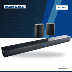 Canton Smart Soundbar 9 Surround Bundle mustana, mukana Soundbar 9 ja kaksi Smart Libero -surround-kaiutinta Radiokulma.fi-tuotekuvassa.