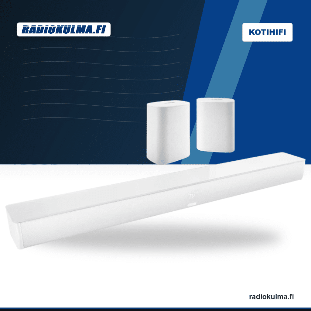 Canton Smart Soundbar 9 Surround Bundle valkoisena, mukana Soundbar 9 ja kaksi Smart Libero -surround-kaiutinta Radiokulma.fi-tuotekuvassa.