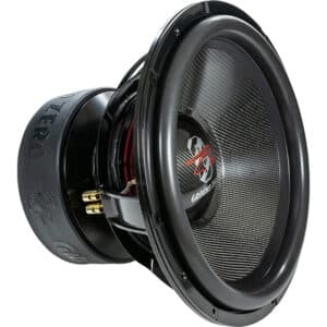 Ground Zero GZPW 18C 18 tuuman subwoofer etuviistosta, hiilikuitukartio, runko ja suuri magneetti näkyvissä.