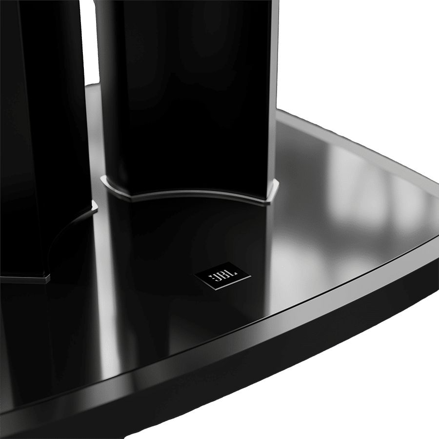 JBL Summit Ama -jalustan kiiltävä ylälevy ja JBL-merkintä lähikuvassa.