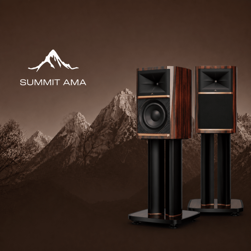 JBL Summit Ama jalustakaiuttimet esittelykuvassa vuoristotaustalla – huippuluokan high-end kaiuttimet Radiokulma.fi