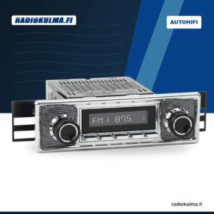 RetroSound Volvo Amazon -klassikkoradio kromisella etupaneelilla, mustilla nupeilla ja Radiokulma.fi-brändipohjalla.