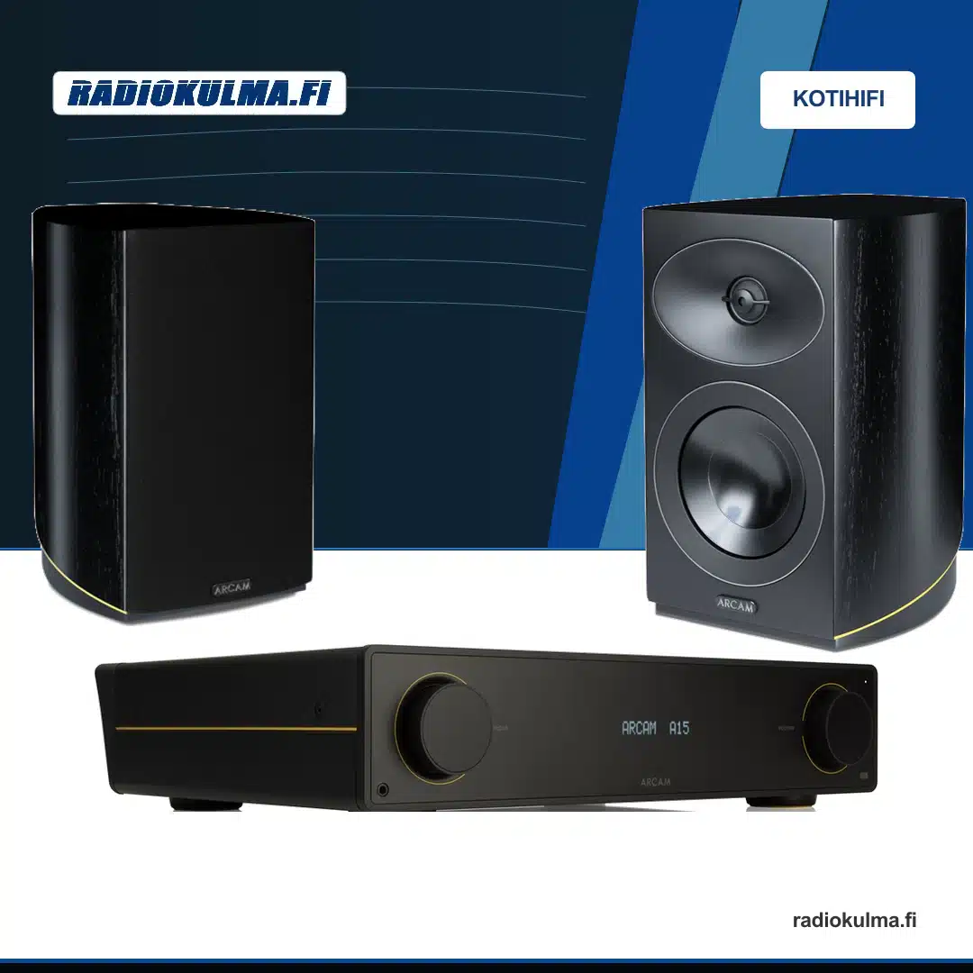 Arcam Radia R15 -jalustakaiutinpari ja Arcam A15+ -stereovahvistin stereopakettina.
