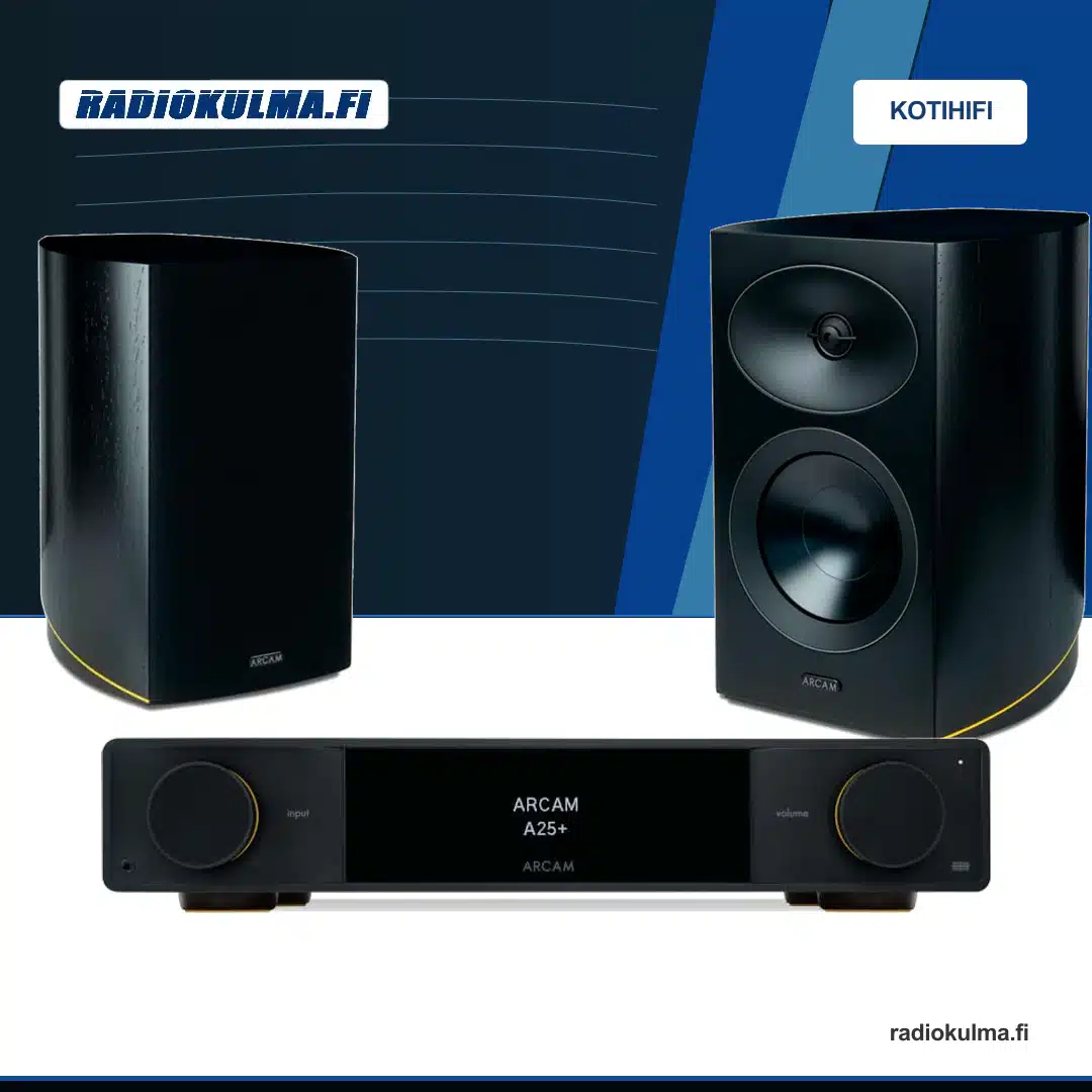Arcam Radia R25 -jalustakaiutinpari ja Arcam A25+ -stereovahvistin stereopakettina.