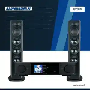 Arcam Radia R35 -lattiakaiutinpari ja Arcam SA35 -striimaava stereovahvistin Radiokulman stereopakettina.