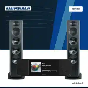 Arcam Radia R45 -lattiakaiutinpari ja Arcam SA45 -striimaava stereovahvistin Radiokulman stereopakettina.
