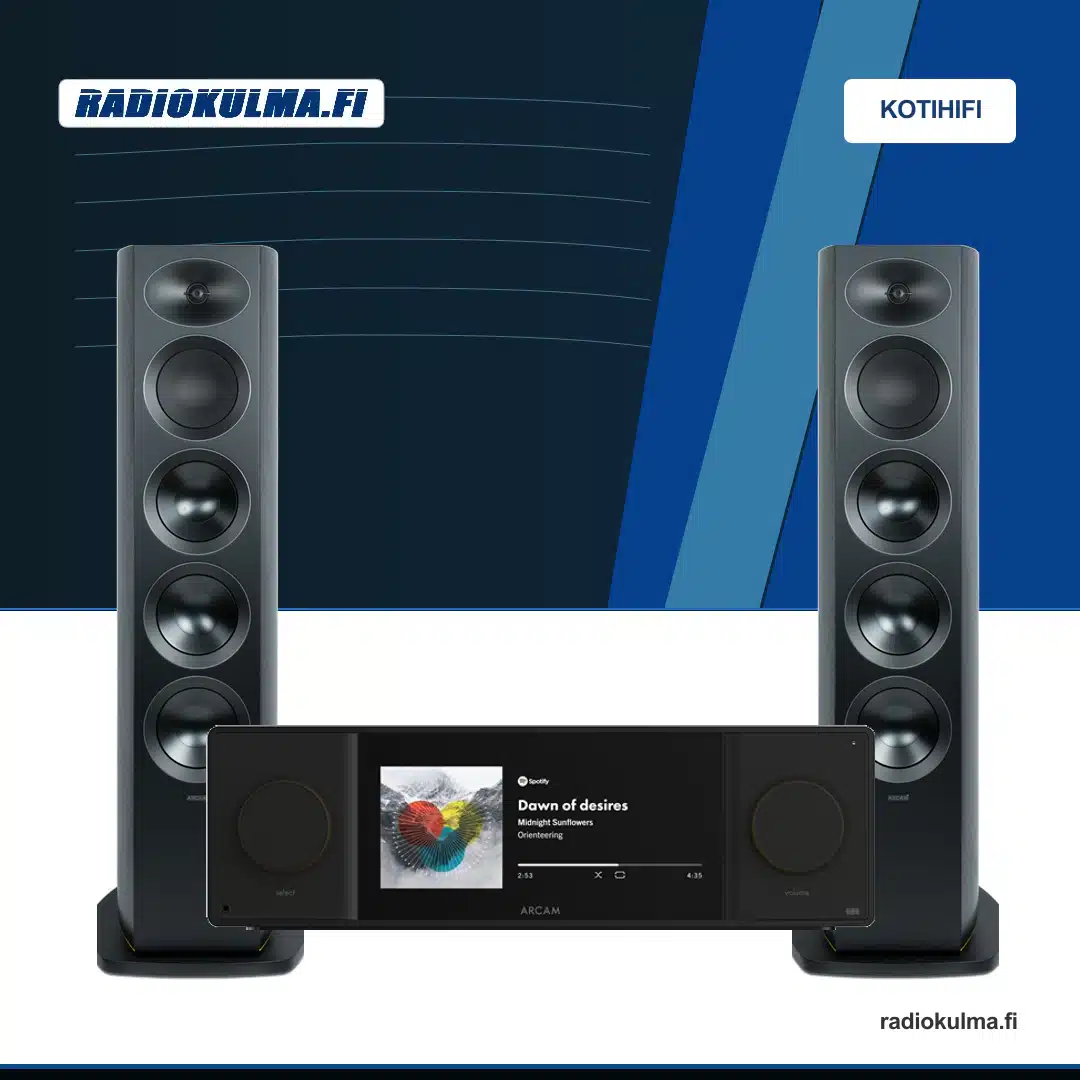 Arcam Radia R45 -lattiakaiutinpari ja Arcam SA45 -striimaava stereovahvistin stereopakettina.