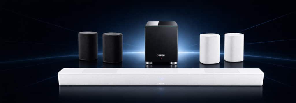 Langaton Canton Smart kotiteatterielämys 1 Canton Smart -sarjan langaton kotiteatterikokonaisuus, jossa soundbar, Smart Sub -subwoofer, Smart Connect -keskus ja Smart Libero -kaiuttimet tummalla premium-taustalla.