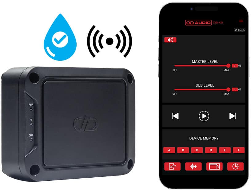 DD Audio DSI-X2 DSP-prosessori sovellusohjauksen, Bluetooth-yhteyden ja IPX7-vedenkestävyyden kanssa.