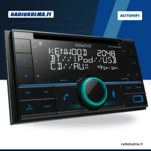 Kenwood DPX-5200BT 2-DIN CD-soitin etuviistosta kuvattuna, etupaneelin näyttö, säätönuppi ja USB-liitäntä näkyvissä.