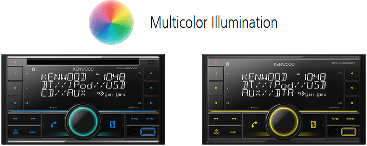 Kenwood DPX-5200BT -soittimen monivärivalaistusta esittelevä ominaisuuskuva kahdella eri värisäädöllä.