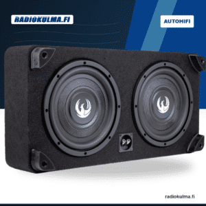 Phoenix Gold ZX210PBSi litteä autosubwoofer viistosta kuvattuna, kaksi 10 tuuman alaspäin suunnattua elementtipintaa näkyvissä.