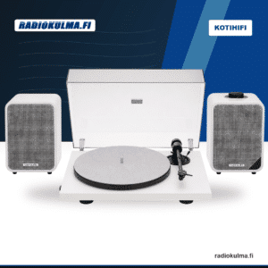 Pro-Ject E1.2 Phono -levysoitin, Pro-Jectin oma vaaleanharmaa huopamatto ja Ruark MR1Mk2 -aktiivikaiuttimet vinyylipakettina Radiokulma.fi