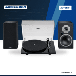 Pro-Ject E1.2 -levysoitin ja Magnat Monitor Reference 2A -aktiivikaiuttimet Radiokulma.fi-tuotekuvassa.