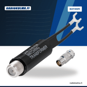 R-Audio VintageLink FM 75/300 antennisovitinpaketti etuviistosta, mukana F-liitin / IEC-uros -adapteri.