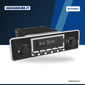 RetroSound Eurostyle Chrome Trim 1-DIN autoradio musta-kromisella etupaneelilla etuviistosta kuvattuna.