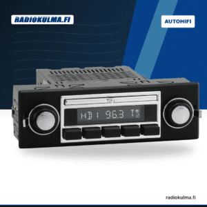 RetroSound Liberty 1-DIN autoradio mustalla etupaneelilla ja kromisella näyttökehyksellä etuviistosta kuvattuna.