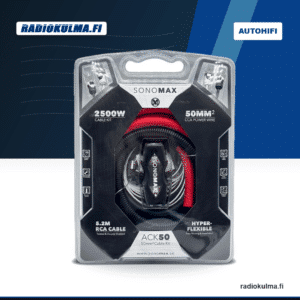 SonoMax ACK50 50 mm² CCA-virtakitti pakkauksessa, jossa näkyy 5,2 m RCA-kaapeli ja 2500 W Cable Kit -merkintä.