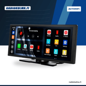 SonoVision VISiO-11 11,4 tuuman CarPlay- ja Android Auto -näyttö etuviistosta Radiokulma.fi-brändikuvassa.