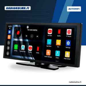 SonoVision VISiO-11c 11,4 tuuman CarPlay- ja Android Auto -näyttö etuviistosta Radiokulma.fi-brändikuvassa.