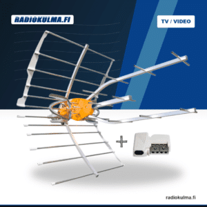 Televes TForce Ellipse Boss UHF-antenni ja mukana toimitettava virtalähde tuotekuvassa.