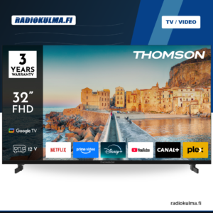 Thomson 32FG2S15C 32 tuuman Full HD Google TV etukuvassa sovelluslogoilla ja 12 V -merkinnällä.