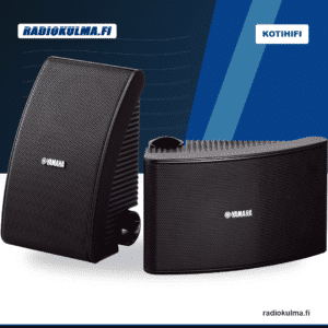 Yamaha NS-AW392 musta ulkokaiutinpari Radiokulma.fi-tuotekuvassa kaarevalla kotelolla etuviistosta ja sivulta kuvattuna.