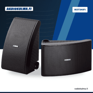 Yamaha NS-AW592 musta ulkokaiutinpari Radiokulma.fi-tuotekuvassa etuviistosta ja sivulta kuvattuna.