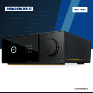Arcam Radia AVP45 AV-prosessori etuviistosta kuvattuna Radiokulma.fi-bränditaustalla.