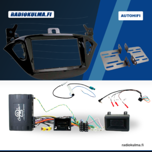 Connects2 CTKVX22 2-DIN asennuskitti Opel Adam- ja Corsa-malleihin, kuvassa kehys, kiinnikkeet, infoadapteri, antenniadapteri ja johtosarja.