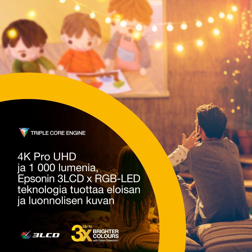 Epson Lifestudio Flex Plus EF-72 4K PRO-UHD -kuvaa ja 3LCD x RGB-LED -tekniikkaa esittelevä kotiteatterikuva. caption: 4K PRO-UHD ja 1 000 lumenin valoteho kotiviihteeseen.