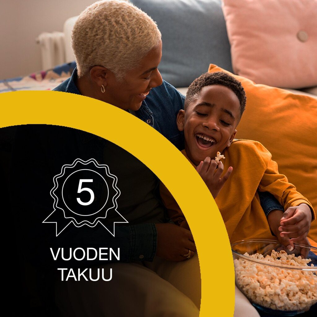 Epson Lifestudio Flex Plus EF-72 -projektorin viiden vuoden takuuta esittelevä kuva.