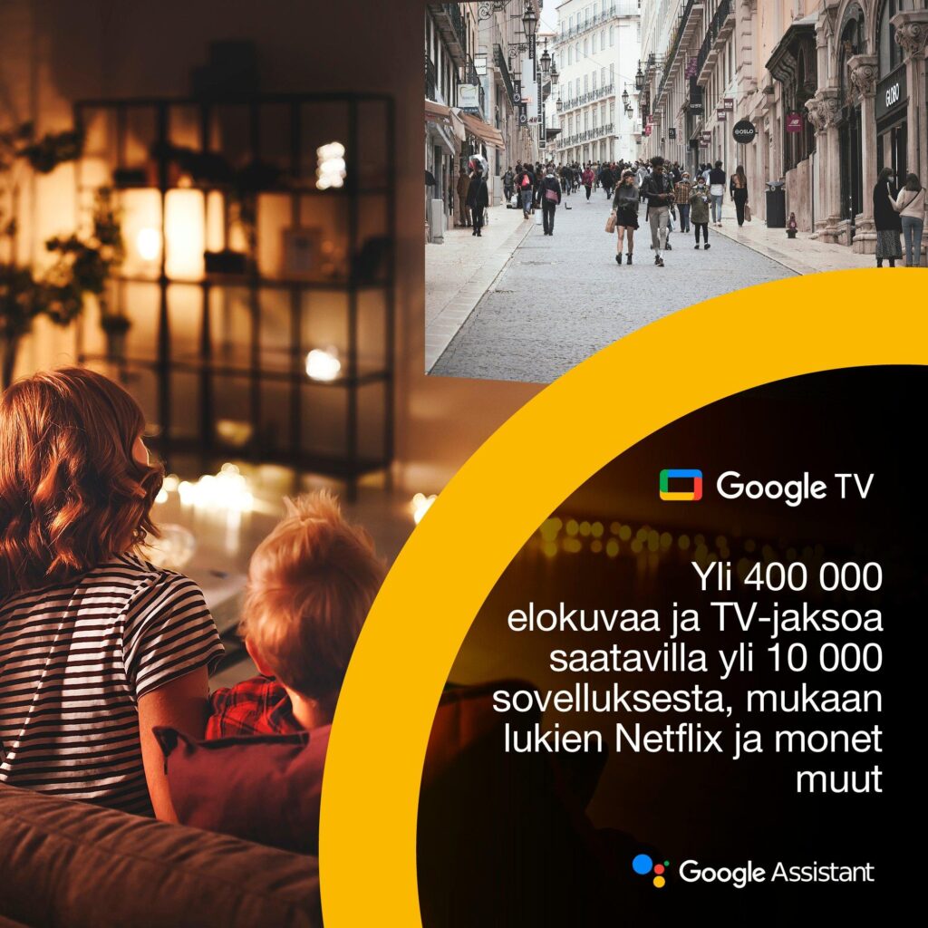 Epson Lifestudio Flex Plus EF-72 Google TV -käytössä kotona suurelle seinäkuvalle projisoituna.