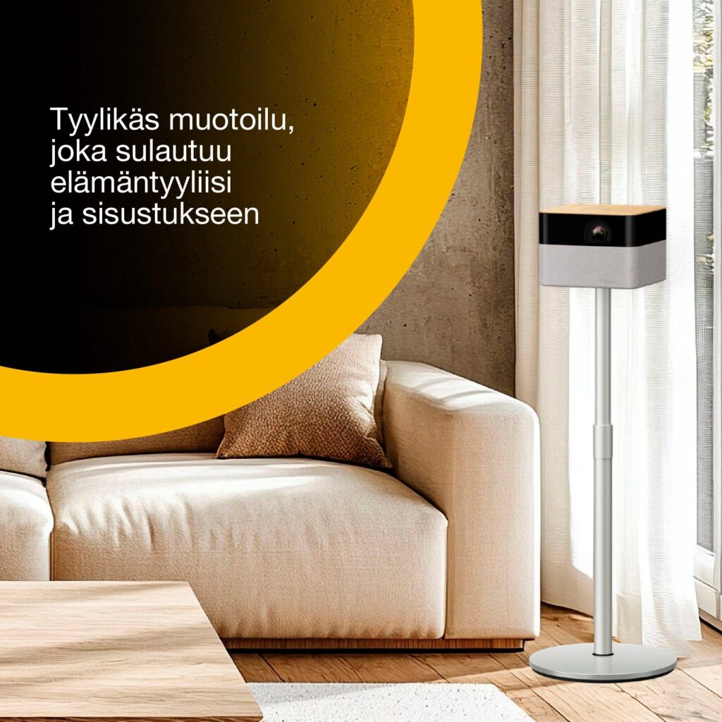 Epson Lifestudio Flex Plus EF-72 sijoitettuna olohuoneeseen lattiajalustalle tammi- ja metalliviimeistelyllä.