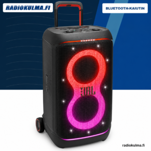 JBL PartyBox 520 Bluetooth-bilekaiutin etuviistosta kuvattuna punaisilla ja pinkeillä valotehosteilla sekä nostetulla kahvalla.