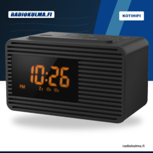 asonic RC-800 musta FM-kelloradio etuviistosta kuvattuna oranssilla LED-kellonäytöllä.
