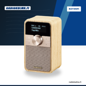 Sangean DDR-8 vaalea puukoteloinen DAB+/FM Bluetooth-radio pystyasennossa.