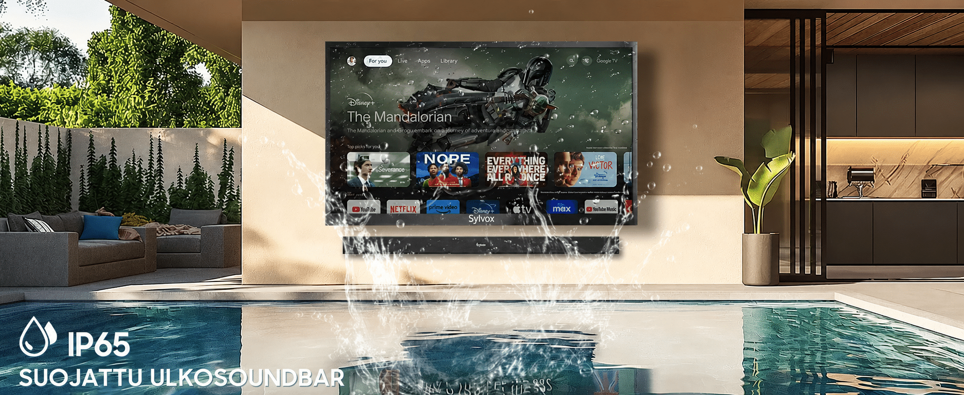 Sylvox Elf S2 IP65-suojattu ulkosoundbar asennettuna ulko-TV:n alle terassilla.